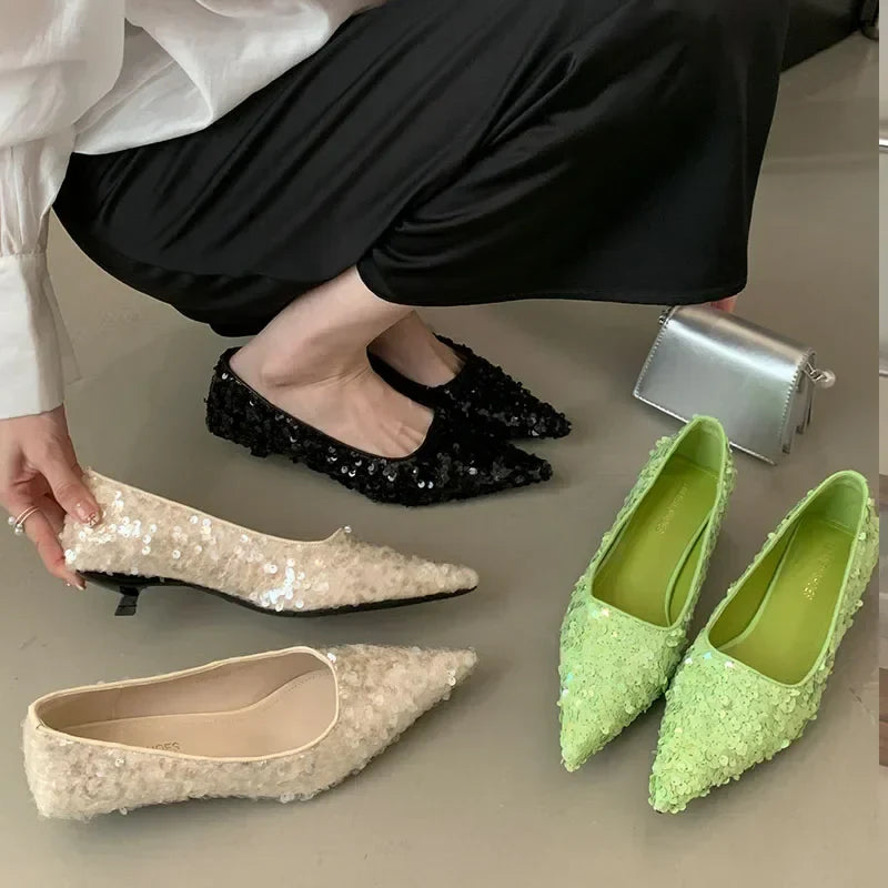 Bling Pumps Footwear Pointed Toe Shallow Low Heel Comfort Elegant High Heels Zapatos De Mujer