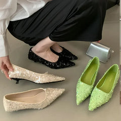 Bling Pumps Footwear Pointed Toe Shallow Low Heel Comfort Elegant High Heels Zapatos De Mujer