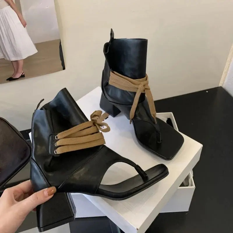 Woman Chunky Heels Boots Thong High-toe Shoes Lace Up High Heels Sandals Trends