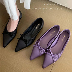 Elegant Satin Pleated Bow Flat Shoes Pointed Toe Casual Brand Design Party Comfortable Shallow