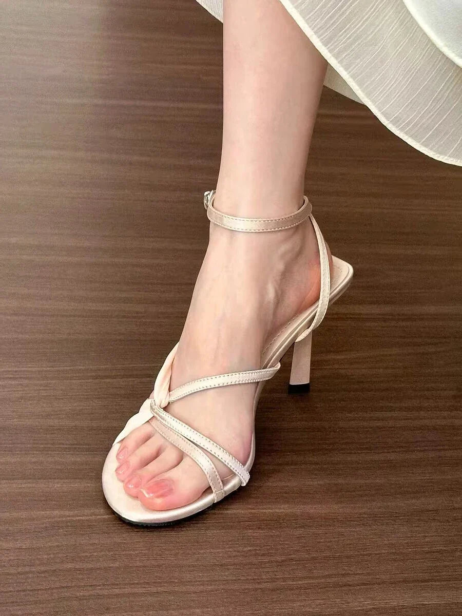 Beautiful apricot thick satin high heels dress single-line buckle stiletto sandals French open-toe hollow shoes