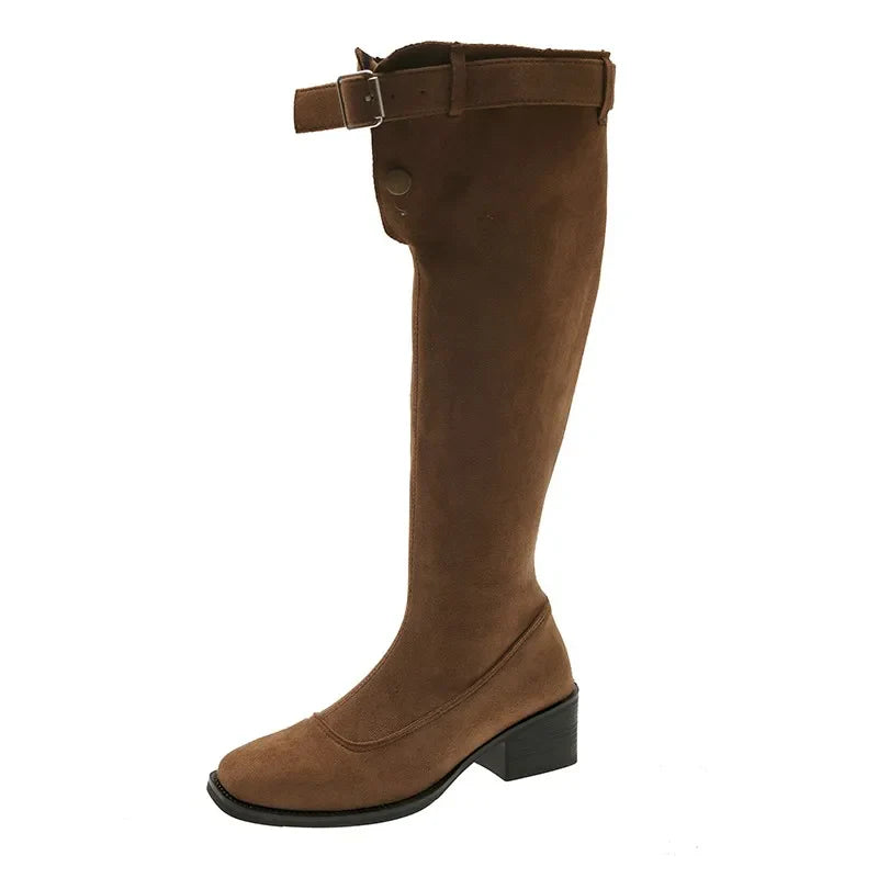 Thick Heels Woman Knight High Boots Square Toe Party Vintage Western Long Booties