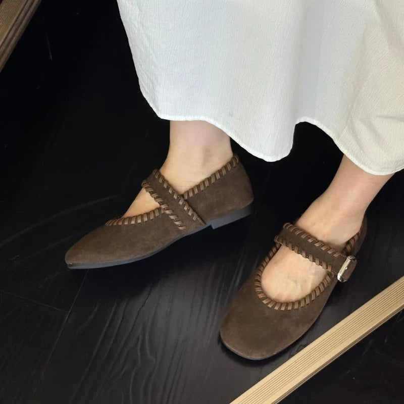 Retro Woven Faux Suede Mary Jane Shoes Metal Buckle Brand Shoes Comfortable Round Toe Shallow Casual Shoe