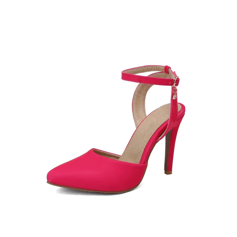 Pu Leather Ankle Strap Buckle Stiletto Pumps Slingback Pointed Toe High Heels Sandals Shoes Large Size 33-50
