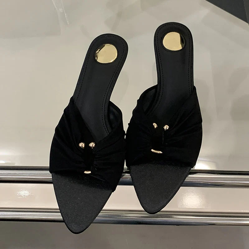 Pleated Silk Hollow Out Metal Buckle Slippers Sandal Pointed Toe Low Thin Heels Beach Party