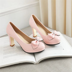 Round Toe Platform Thick High Heels Bow Shallow Wedding Shoes Black Beige 43