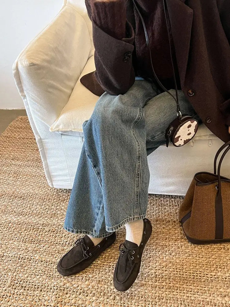 Leather Flats Shoes Loafers Round toe Vintage Suede Leather Casual British Style Flat Single Shoes