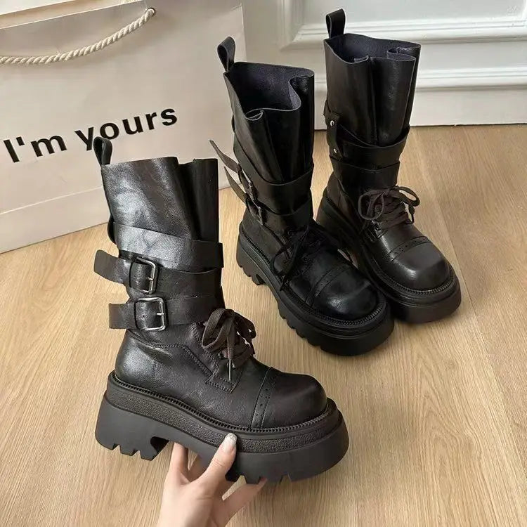 Mid Calf Boots Flats Platform Shoes Lace Up Woman Buckle Chelsea Boots Sport Walking Shoes