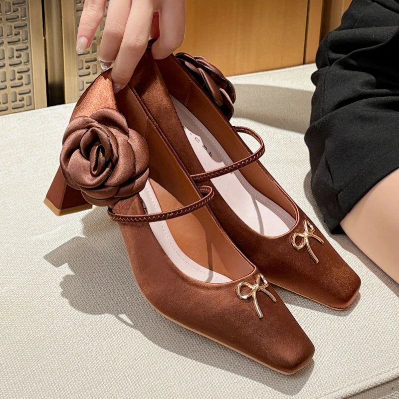 Novelty Side Flower Design Chunky Heel Pumps Elegant Bow Decoration Square Toe High Heels Black Mary Jane Shoes