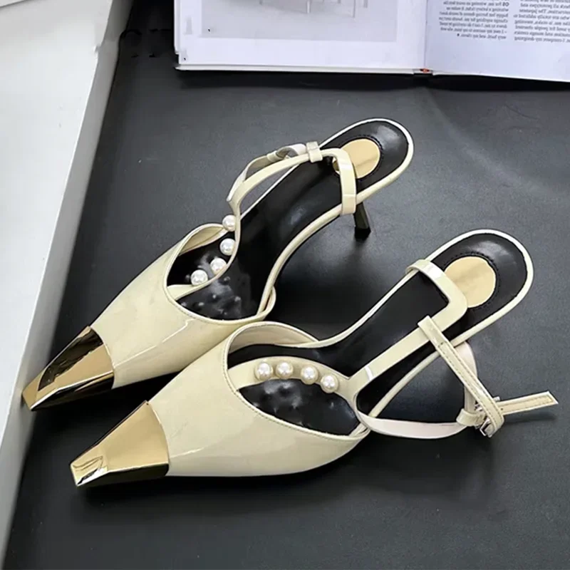 Metal Pointed Toe Stiletto Sandal Pearls Strap Buckle High Heels Party Prom Shoes