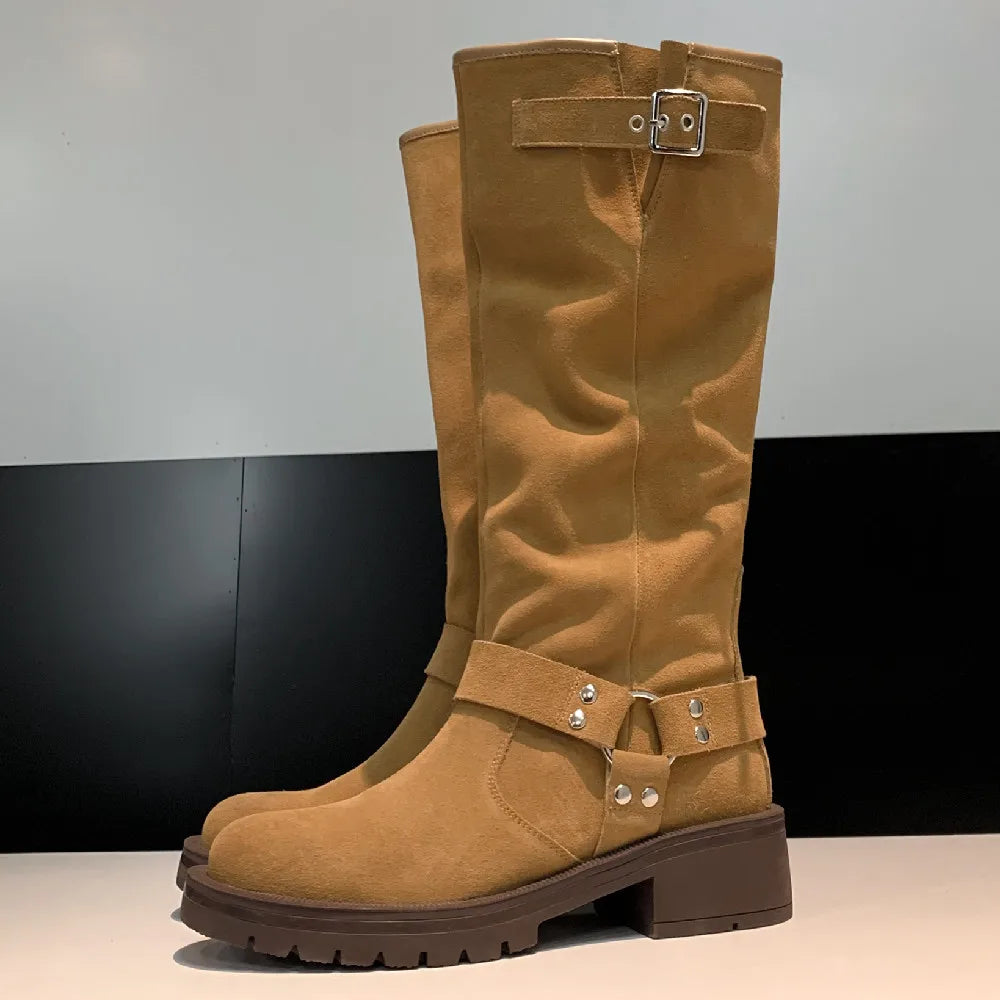 natural suede leather slip-on knee high boots thick sole platform flats long boots metal buckle punk shoes
