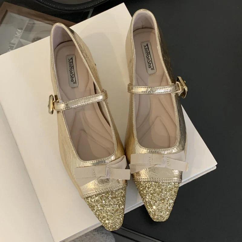 Bling Butterfly-knot Mary Jane Shoes Elegant Flat Shoes Shallow Comfort Increased Internal Brand