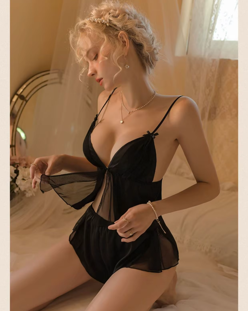 Satin Mesh gauze Sleepwear Silk Cami Shorts Set Soft Nightwear