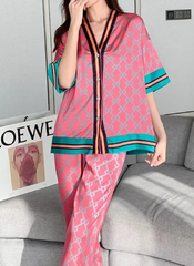 Satin Silk Thin Printing Short Sleeves Long Pants Homeware Sleepwear Sets