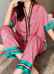 Satin Silk Thin Printing Short Sleeves Long Pants Homeware Sleepwear Sets