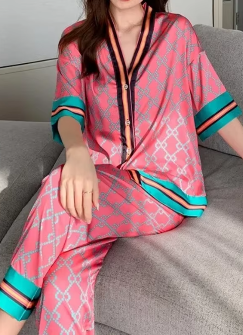 Satin Silk Thin Printing Short Sleeves Long Pants Homeware Sleepwear Sets