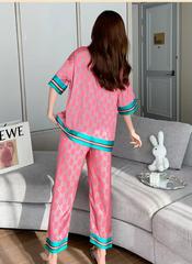 Satin Silk Thin Printing Short Sleeves Long Pants Homeware Sleepwear Sets
