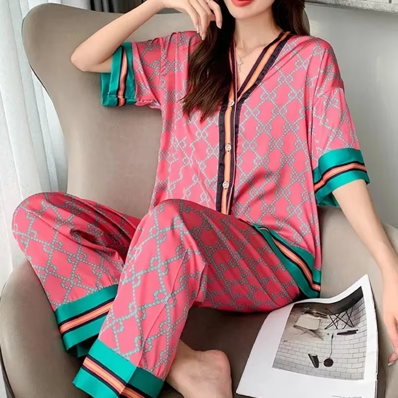 Satin Silk Thin Printing Short Sleeves Long Pants Homeware Sleepwear Sets