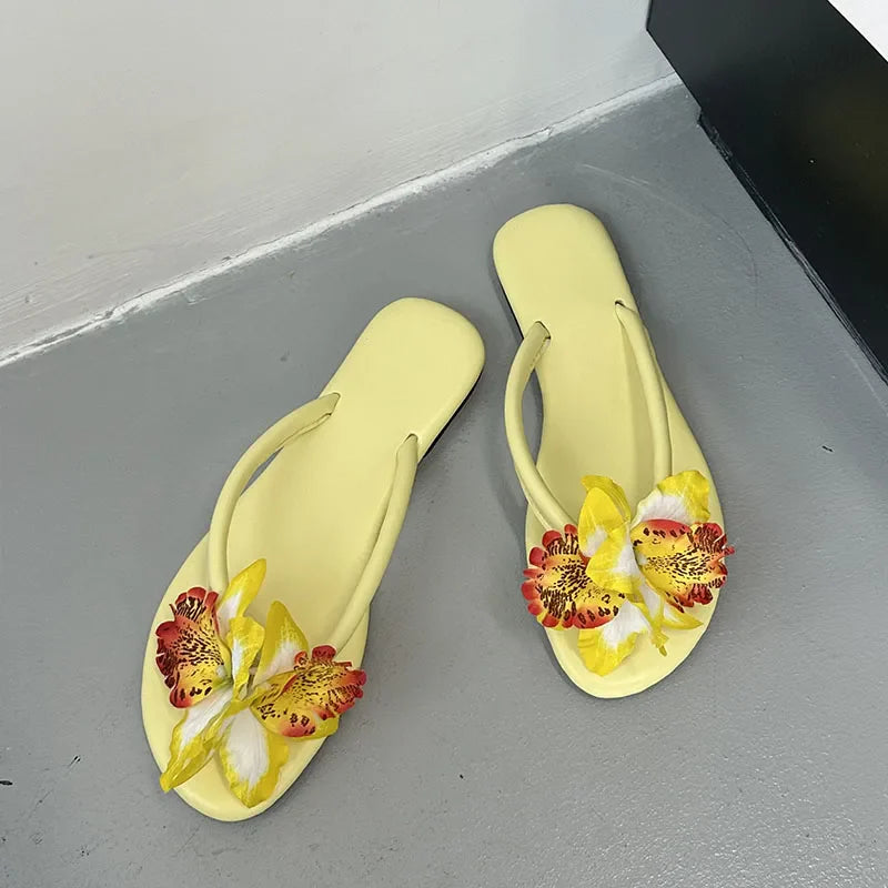 Pink Flower Flats Slippers Beach Round Toe Flip flops Flats Slippers Slides Sandals Shoes