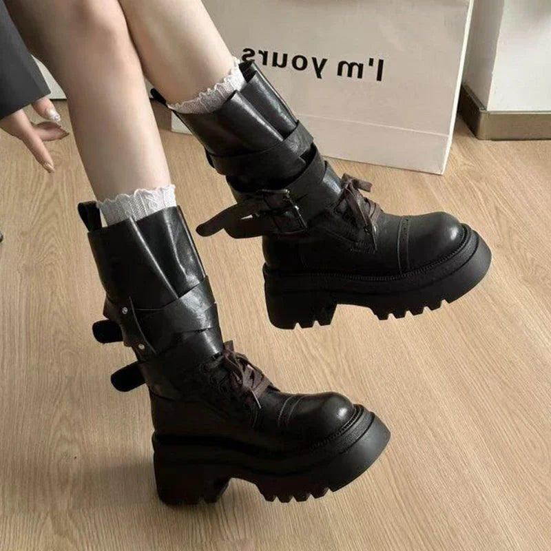 Mid Calf Boots Flats Platform Shoes Lace Up Woman Buckle Chelsea Boots Sport Walking Shoes