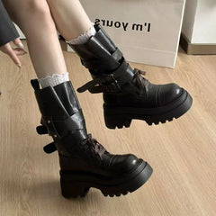 Mid Calf Boots Flats Platform Shoes Lace Up Woman Buckle Chelsea Boots Sport Walking Shoes