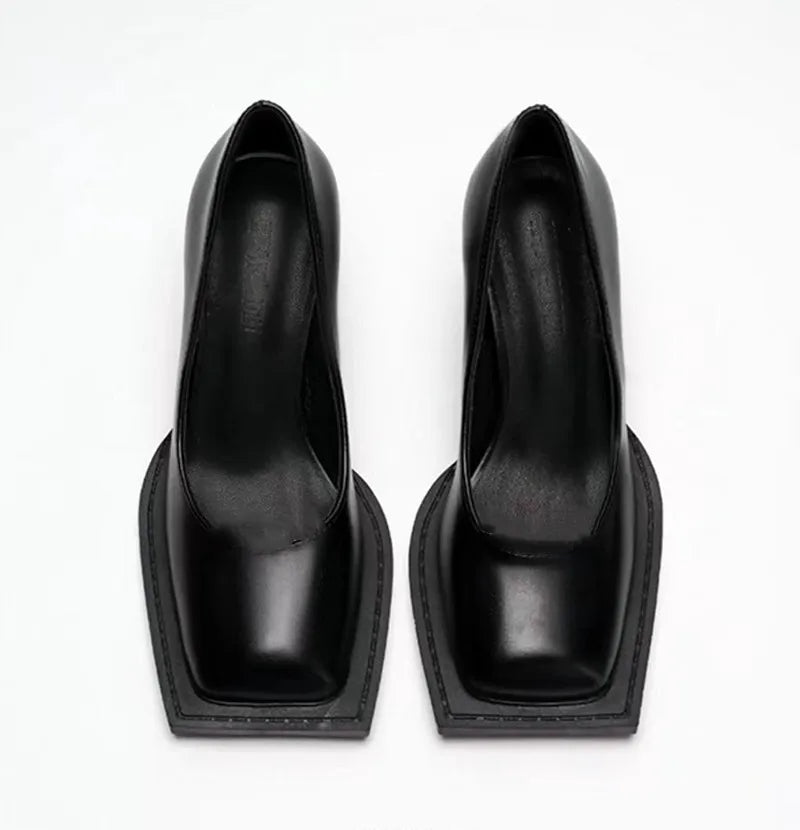 Pumps Square Toe Chunky Heel High Heels Black Soft Leather Elegant Evening