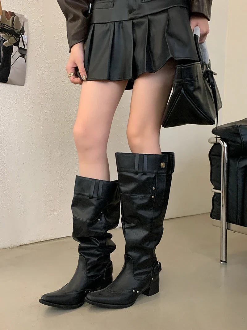 Black Boot Knee High Long Shoes Woman Pointed Toe Chunky Heels White Boots Belt Buckle Rivet Wide-Leg Shoe