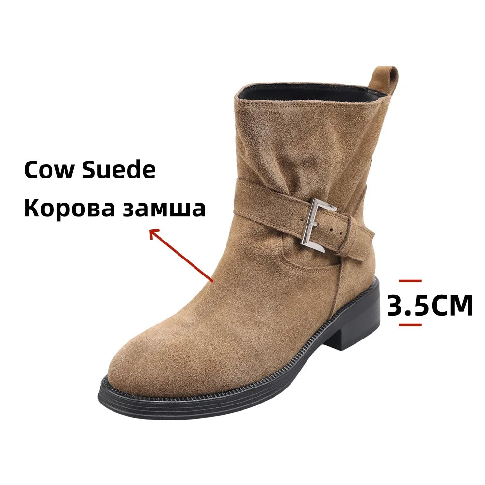 Ankle Boots Cow Suede Round Toe Motorcycle Boots Thick Low Heels Warm Shoes Buckles Boots