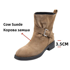 Ankle Boots Cow Suede Round Toe Motorcycle Boots Thick Low Heels Warm Shoes Buckles Boots