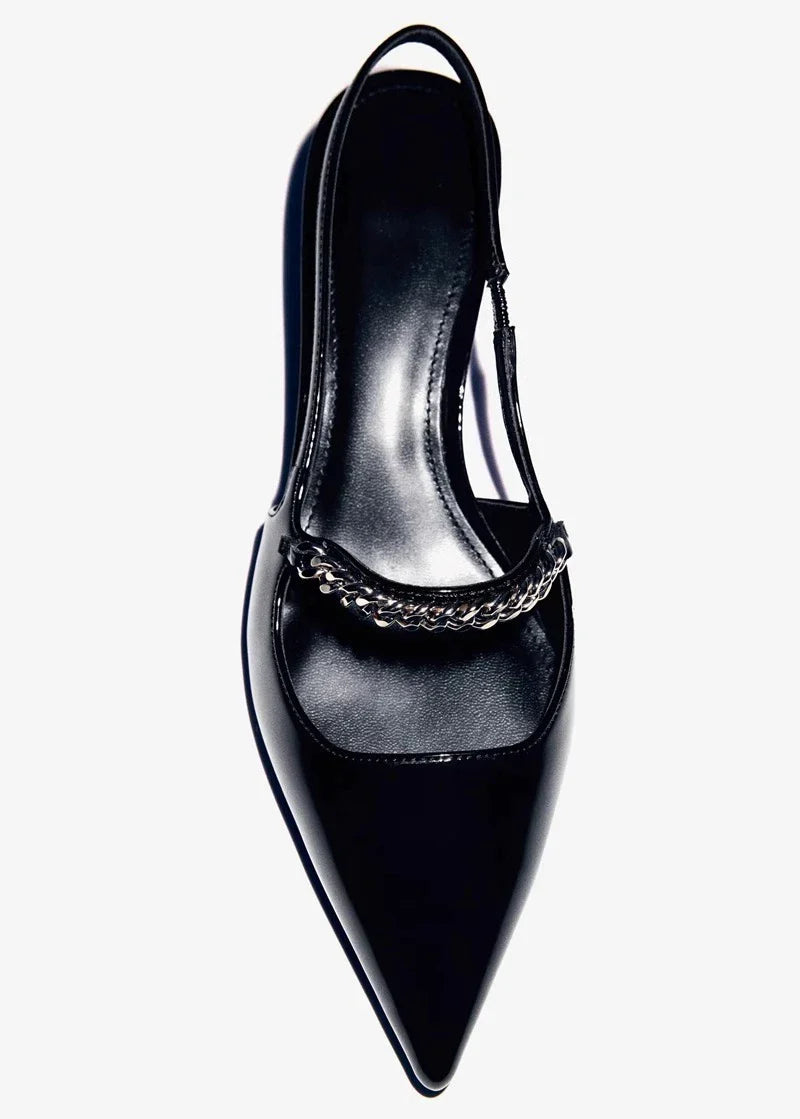 Elegant Black Patent Leather Heels Metal Chain Slingback Shoes Comfort Pointed Toe Kitten Heel Office Shoe