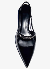 Elegant Black Patent Leather Heels Metal Chain Slingback Shoes Comfort Pointed Toe Kitten Heel Office Shoe