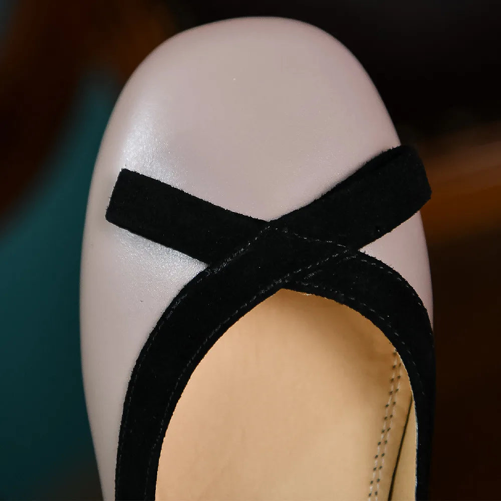 genuine leather bordered slip-on ballet flats square toe sweet bowtie korean style ballerians soft