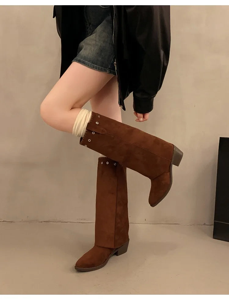 Vintage Thick Heel Western Cowboy Boots Button Combination Splicing Shoes Pipe Long Booties
