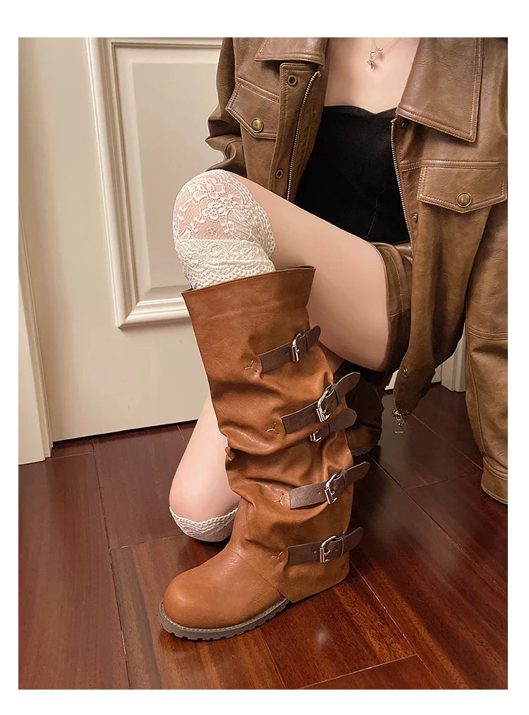 Knee-high Boots Shoes Woman Knight Boots Woman Buckle Chelsea Long Botas Pu Leather Motorcycle Shoes