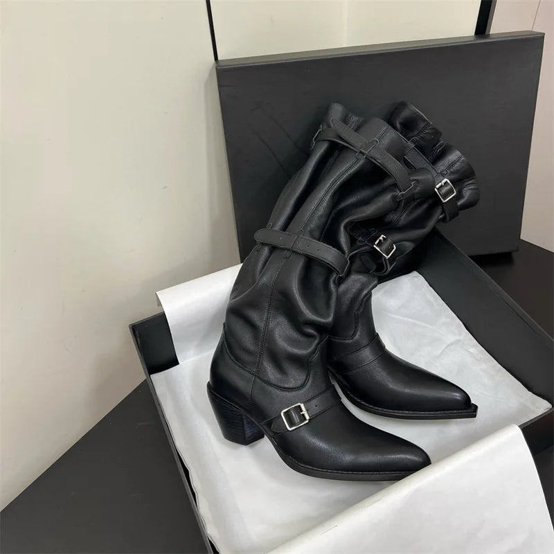 Vintage Pleated Belt Buckle Faux Suede Knee High Boots High heels Western Cowboy Knight Boots Shoes