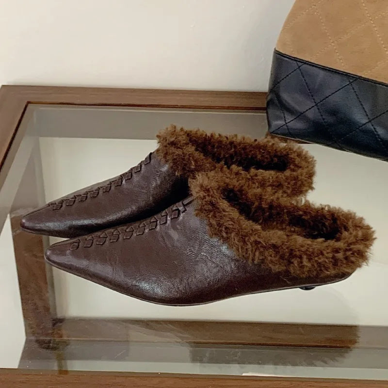 Warm Fluffy Slippers Woman Retro Sewing Pointed Toe Low Heel Mules Shoes Outdoors Casual Comfortable Fur Slippers