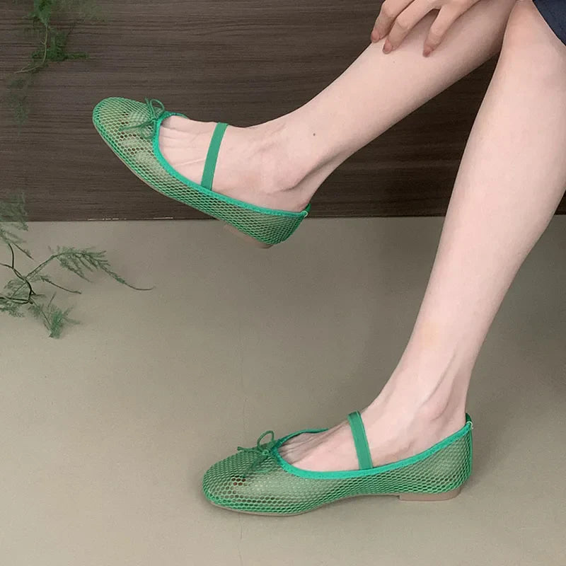 Mesh Breathable Mary Janes Flats Shoes Butterfly-Knot Footwear Ballet Flats Dance Shoes