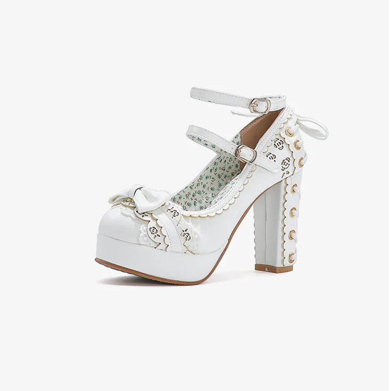 2.5 Platform Cute Bow Lace Princess Lolita Shoes Party 10cm High Heel Buckle Big size 43