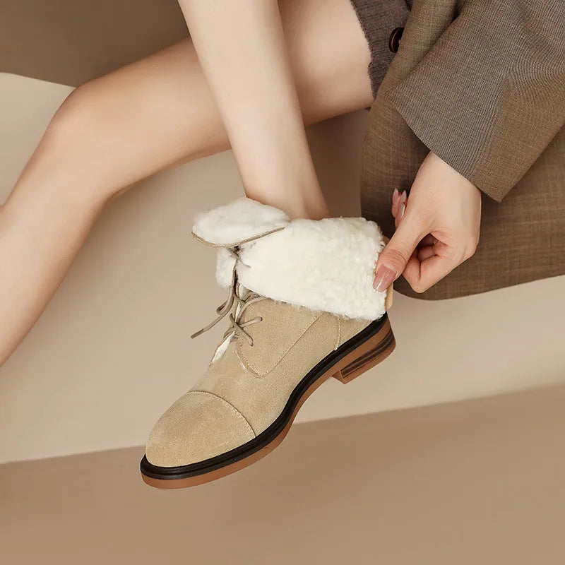 Ankle Boots Office Casual Genuine Leather Wool Low Heels Comfortable Shoes Woman High Quality