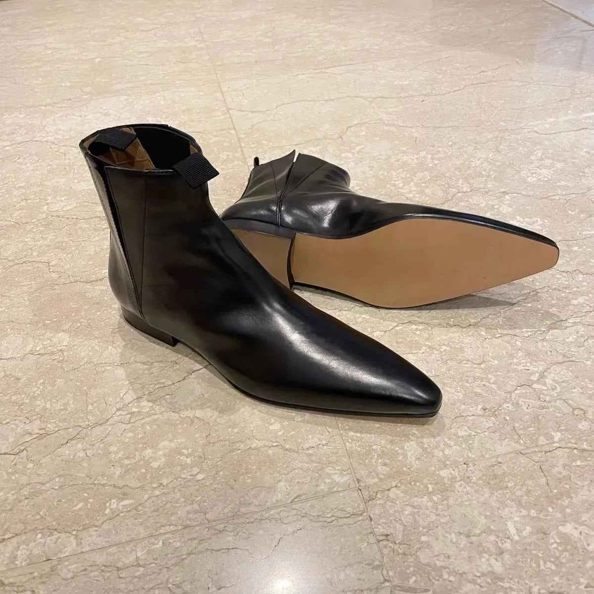 Retro Short Boots Autumn/Genuine Leather Pointed Chelsea Bootss Flat Bare shoes