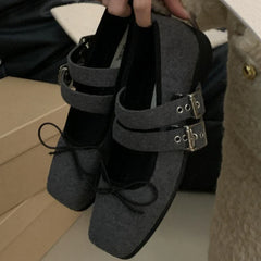 Simple Soft Bottom Buckle Flat Mary Jane Shoes Comfortable Bowknot Square Toe Shoes Backless Loafer Shoes
