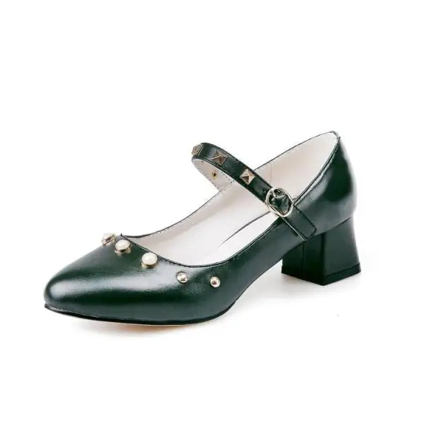 Big Size Shoes Woman Footwear Rivets Studs Large Size Dress PU TPR Med Rome Hoof Heels Rivets Studs Big Size Shoes