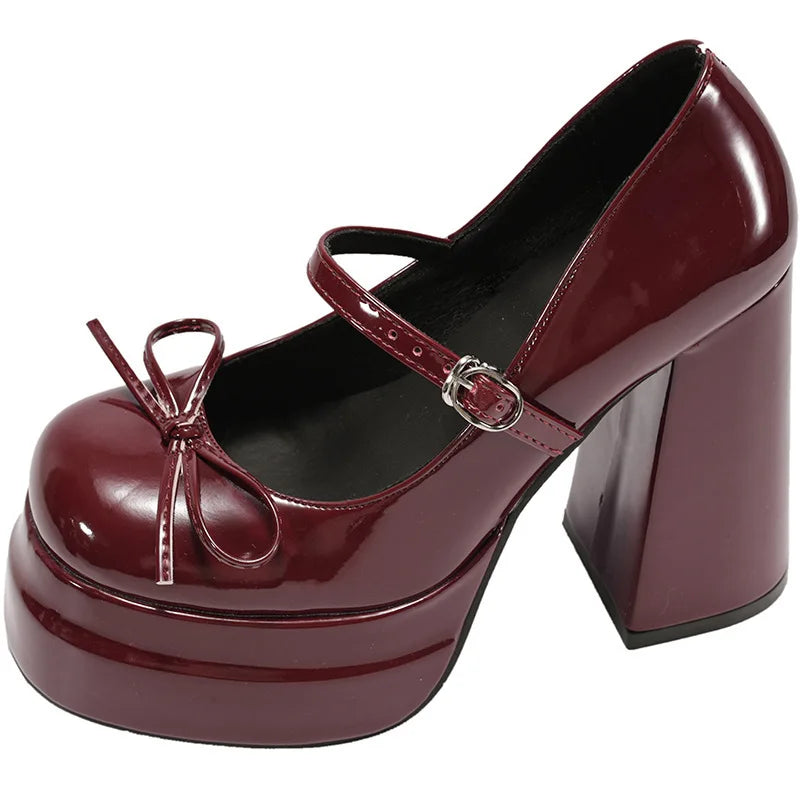 Platform Thick Heel Mary Jane Shoes Butterfly-knot Shoes Outdoor Dress Leather Pumps