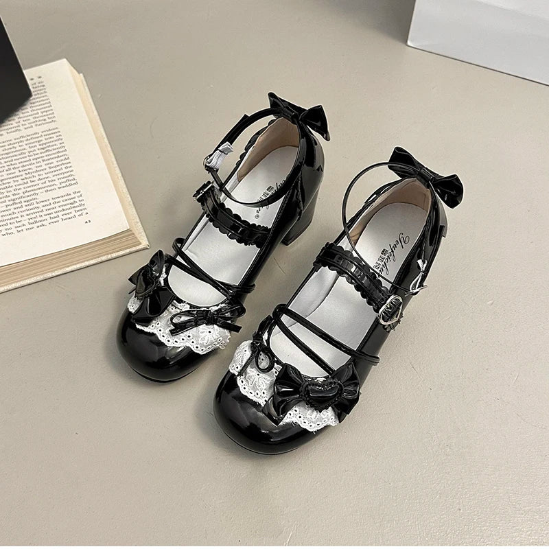 Butterfly-knot Lolita Mary Jane Shoes Elegant Round Toe Thick Heel Shoes Dress Pumps