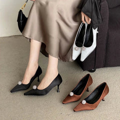 Silk Rhinestone High Heels Pointed Toe Pumps Elegant Office Shoes Shallow Brand Banquet