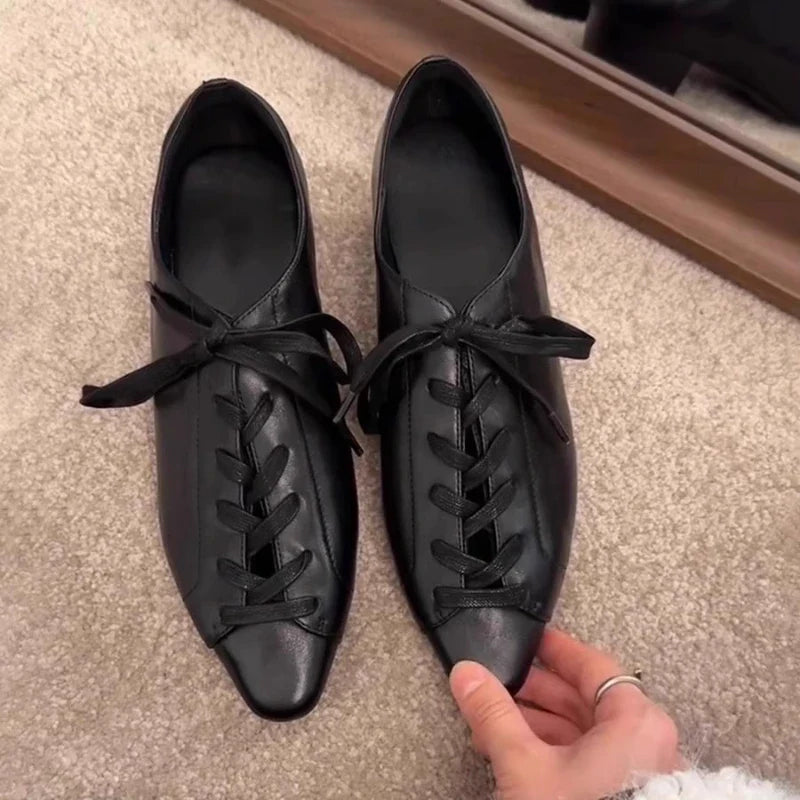 Black British Style Leather Shoes Retro Lace Up Mid Heel Pumps Comfortable Elegant Commuter Office Shoes Zapatos De Mujer