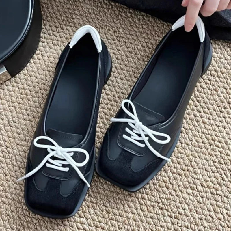 Novelty Lace Up Ballet Sneaker Flats Square Toe Splicing Design British Style Mary Jane Shoes Cozy Non-Slip Pumps