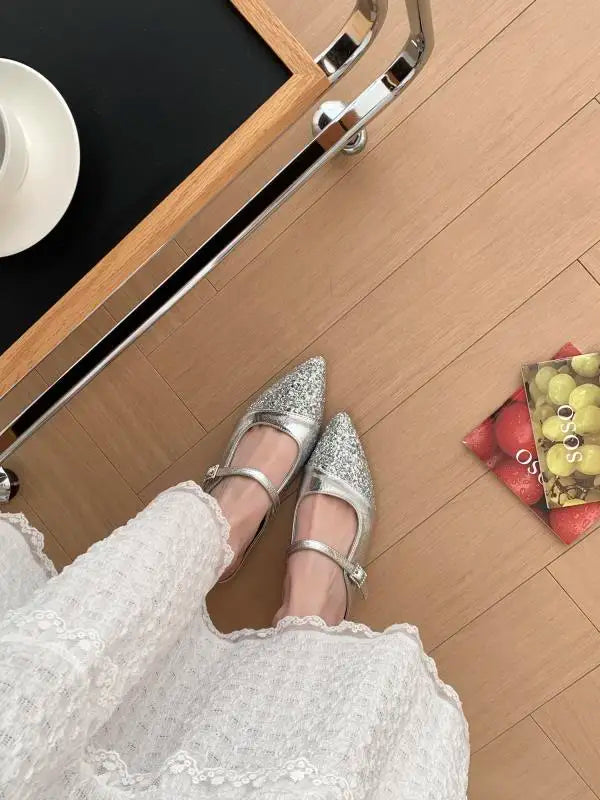 Shoes Woman's Slippers Pointed Toe Slides Silver Cover Flat Scandals Bling Slippers Cover Toe S