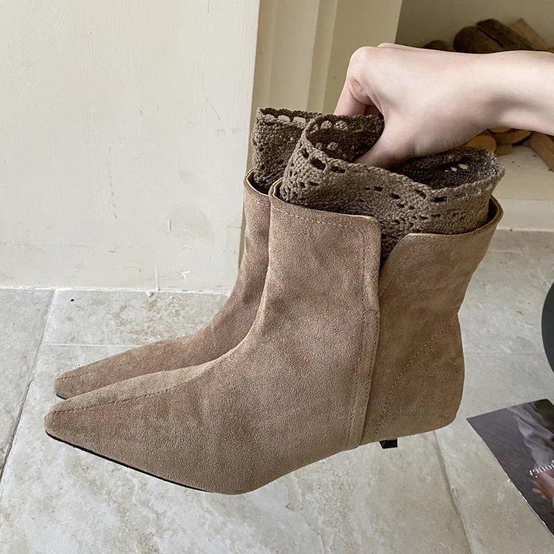 Pointed-Toe Faux Suede Ankle Boots Elegant Stiletto Heels