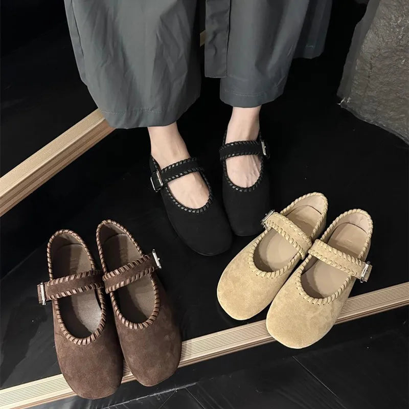 Retro Woven Faux Suede Mary Jane Shoes Metal Buckle Brand Shoes Comfortable Round Toe Shallow Casual Shoe